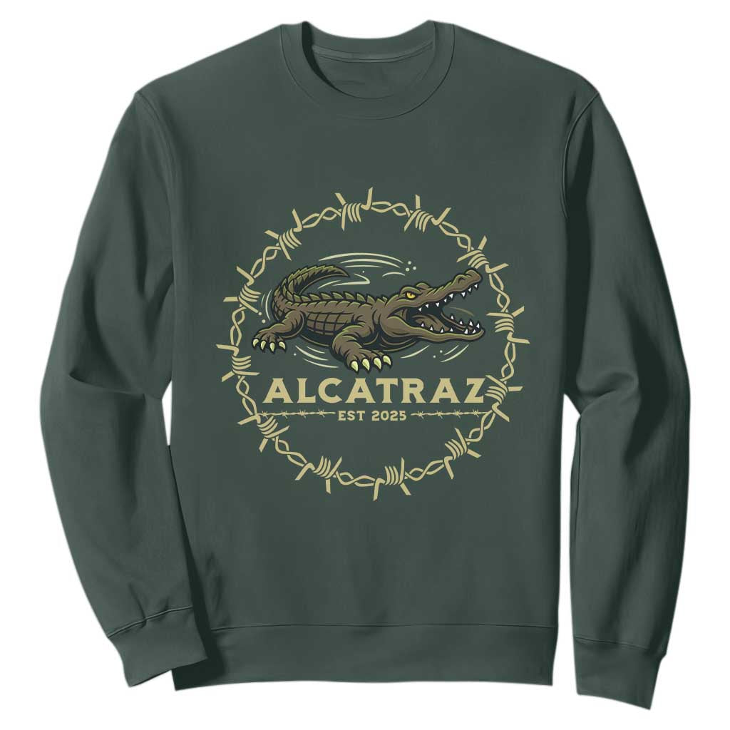 Alligator Alcatraz 2025 Sweatshirt Gator Lockdown Political Satire Barbed Wire Swamp Humor TS02 Dark Forest Green Print Your Wear