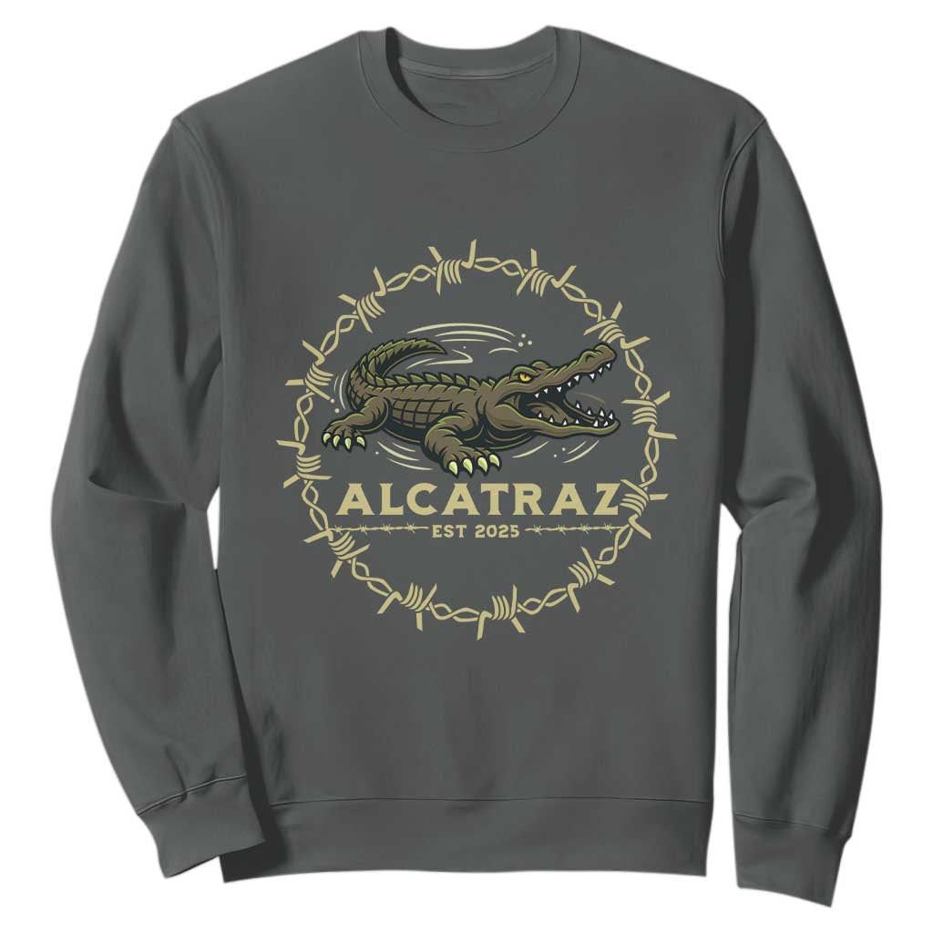Alligator Alcatraz 2025 Sweatshirt Gator Lockdown Political Satire Barbed Wire Swamp Humor TS02 Dark Heather Print Your Wear