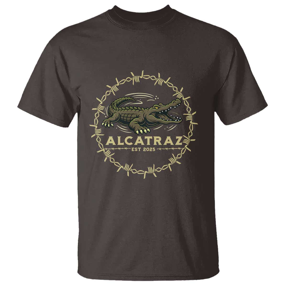Alligator Alcatraz 2025 T Shirt Gator Lockdown Political Satire Barbed Wire Swamp Humor TS02 Dark Chocolate Print Your Wear