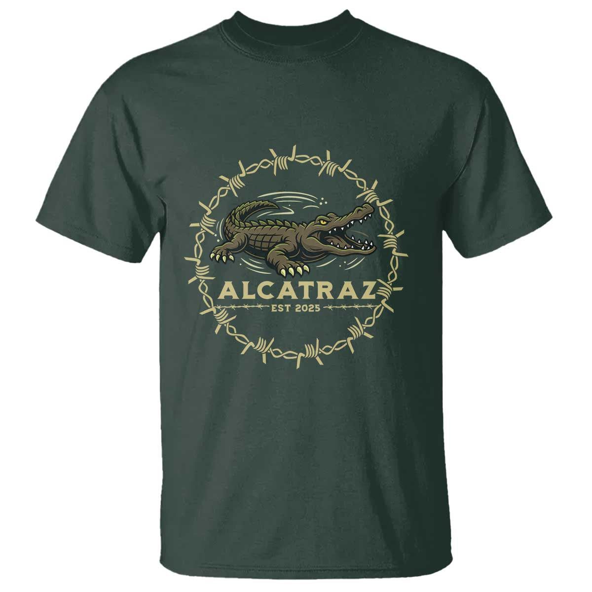 Alligator Alcatraz 2025 T Shirt Gator Lockdown Political Satire Barbed Wire Swamp Humor TS02 Dark Forest Green Print Your Wear