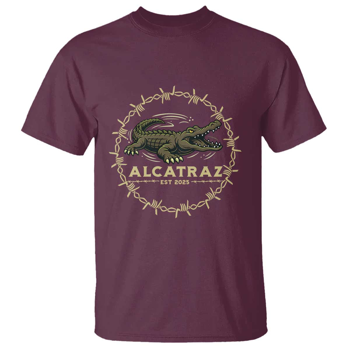 Alligator Alcatraz 2025 T Shirt Gator Lockdown Political Satire Barbed Wire Swamp Humor TS02 Maroon Print Your Wear