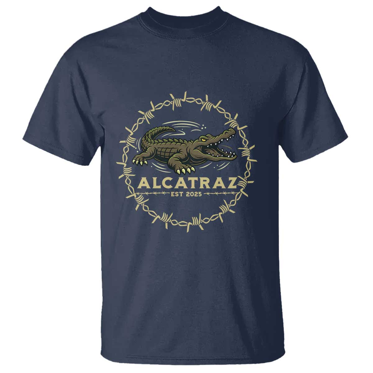 Alligator Alcatraz 2025 T Shirt Gator Lockdown Political Satire Barbed Wire Swamp Humor TS02 Navy Print Your Wear