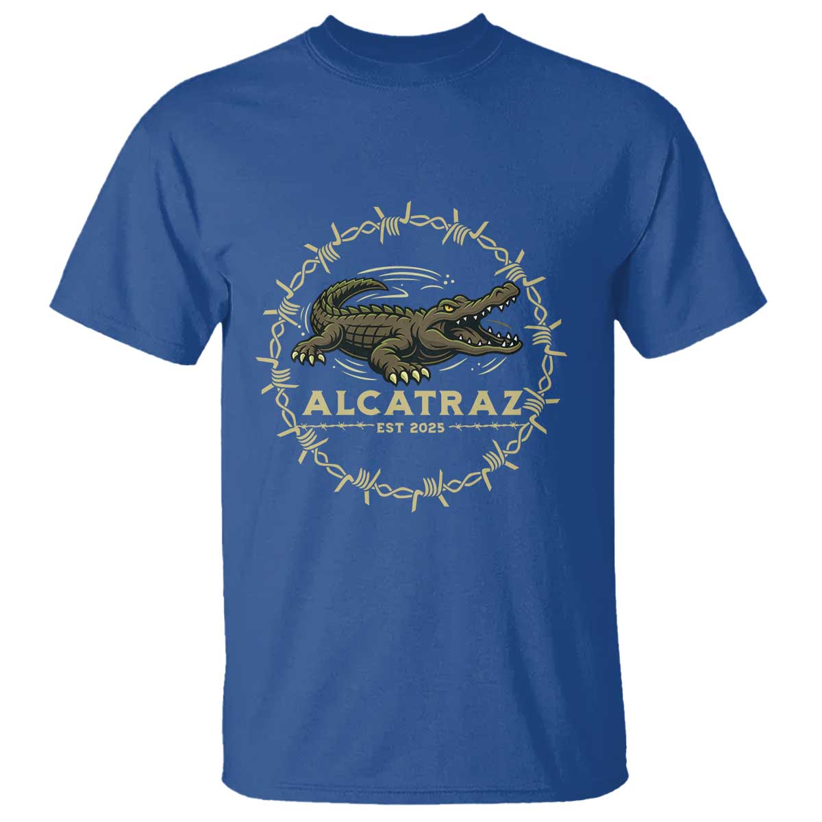 Alligator Alcatraz 2025 T Shirt Gator Lockdown Political Satire Barbed Wire Swamp Humor TS02 Royal Blue Print Your Wear