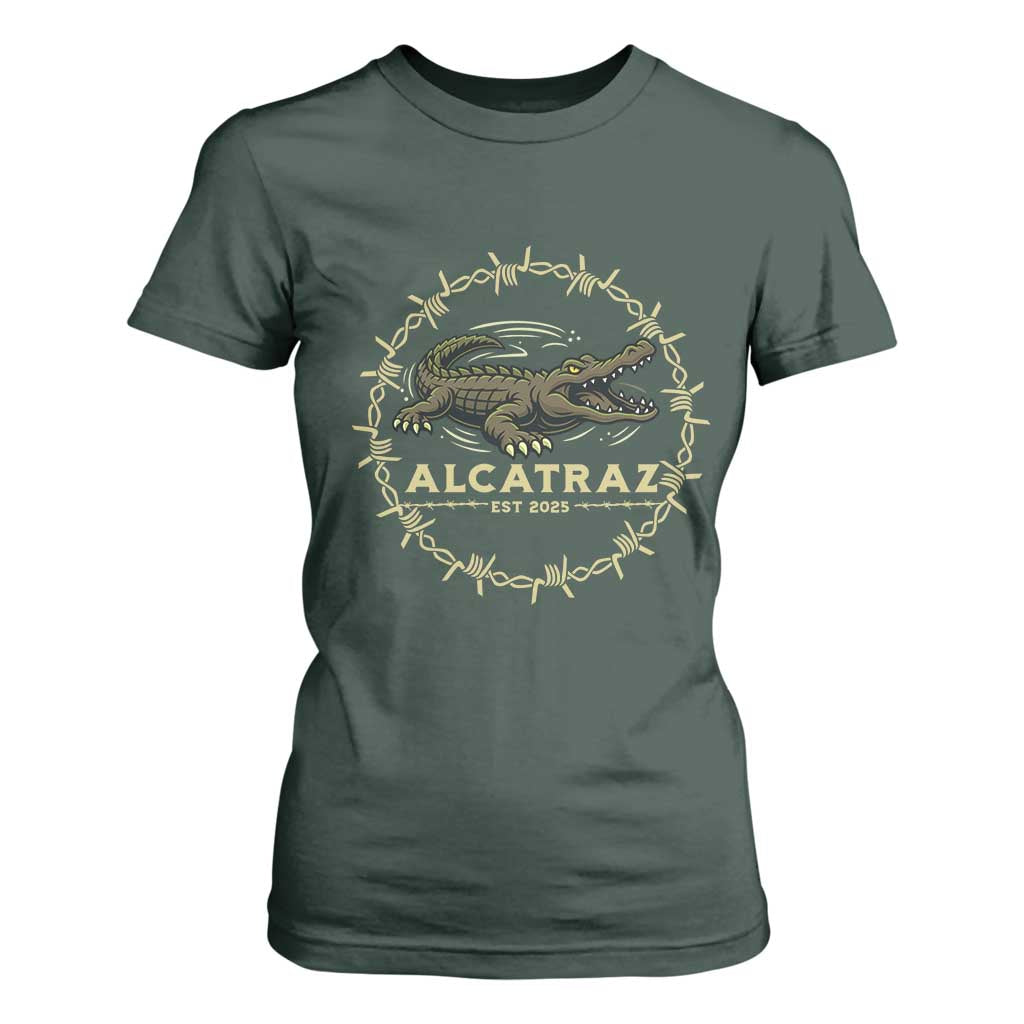 Alligator Alcatraz 2025 T Shirt For Women Gator Lockdown Political Satire Barbed Wire Swamp Humor TS02 Dark Forest Green Print Your Wear
