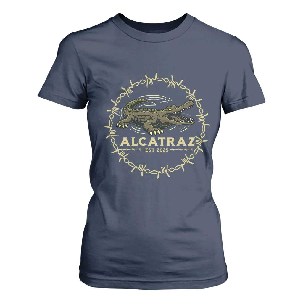 Alligator Alcatraz 2025 T Shirt For Women Gator Lockdown Political Satire Barbed Wire Swamp Humor TS02 Navy Print Your Wear
