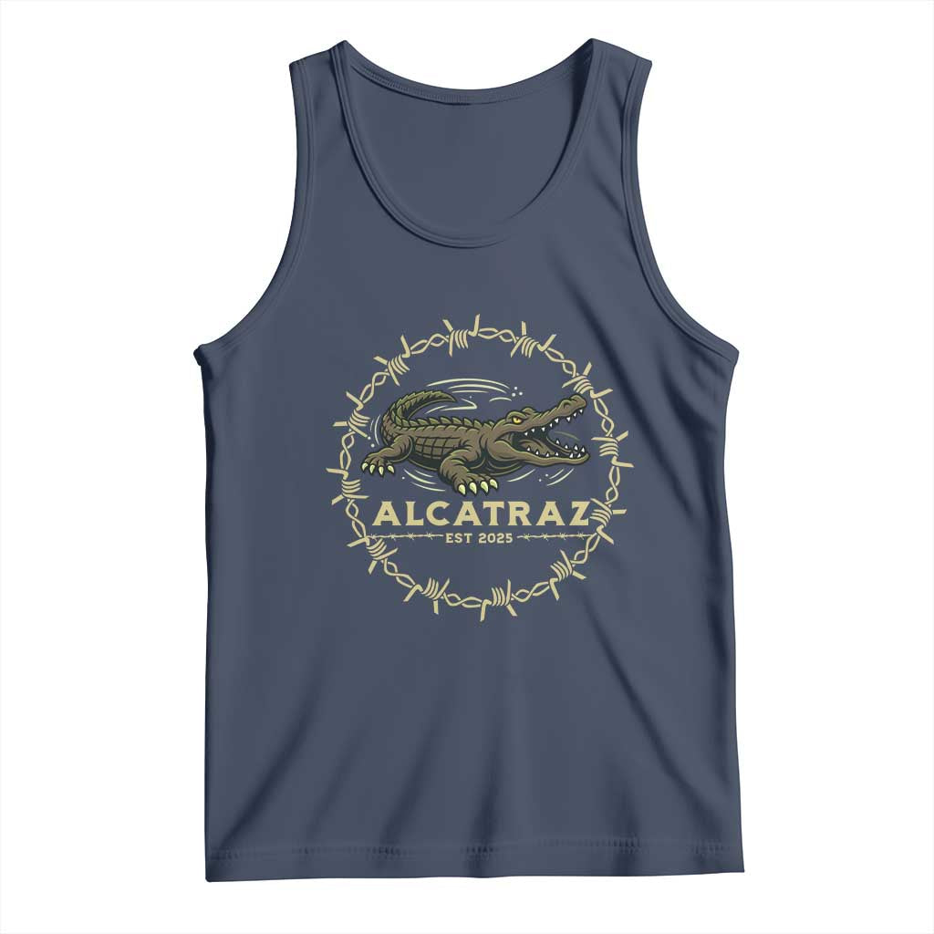Alligator Alcatraz 2025 Tank Top Gator Lockdown Political Satire Barbed Wire Swamp Humor TS02 Navy Print Your Wear
