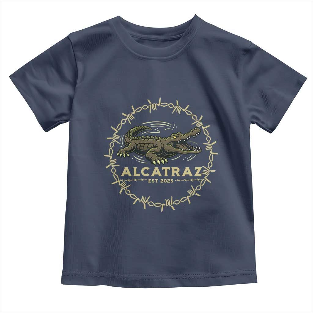 Alligator Alcatraz 2025 Toddler T Shirt Gator Lockdown Political Satire Barbed Wire Swamp Humor TS02 Navy Print Your Wear