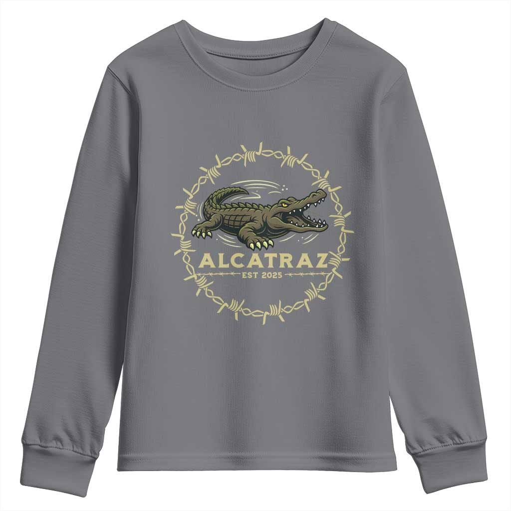 Alligator Alcatraz 2025 Youth Sweatshirt Gator Lockdown Political Satire Barbed Wire Swamp Humor TS02 Charcoal Print Your Wear