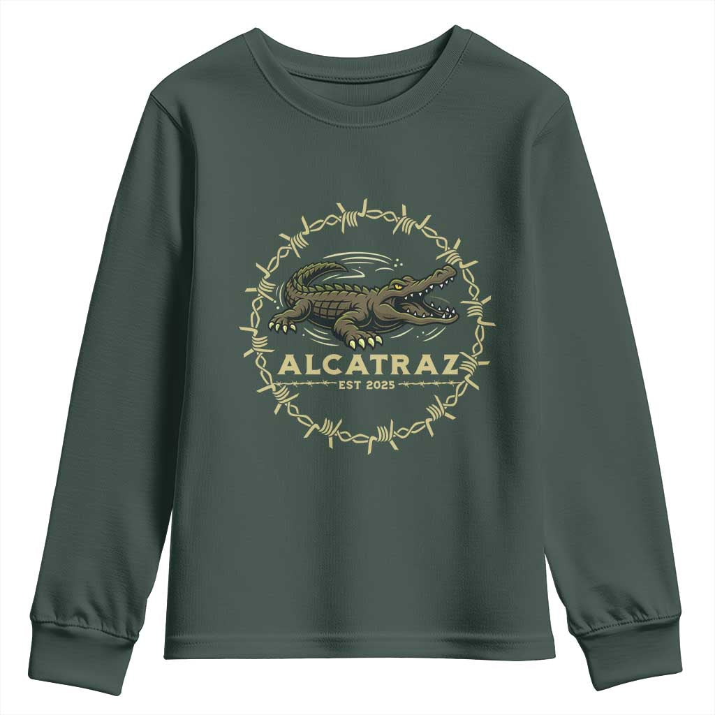 Alligator Alcatraz 2025 Youth Sweatshirt Gator Lockdown Political Satire Barbed Wire Swamp Humor TS02 Dark Forest Green Print Your Wear