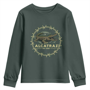 Alligator Alcatraz 2025 Youth Sweatshirt Gator Lockdown Political Satire Barbed Wire Swamp Humor TS02 Dark Forest Green Print Your Wear