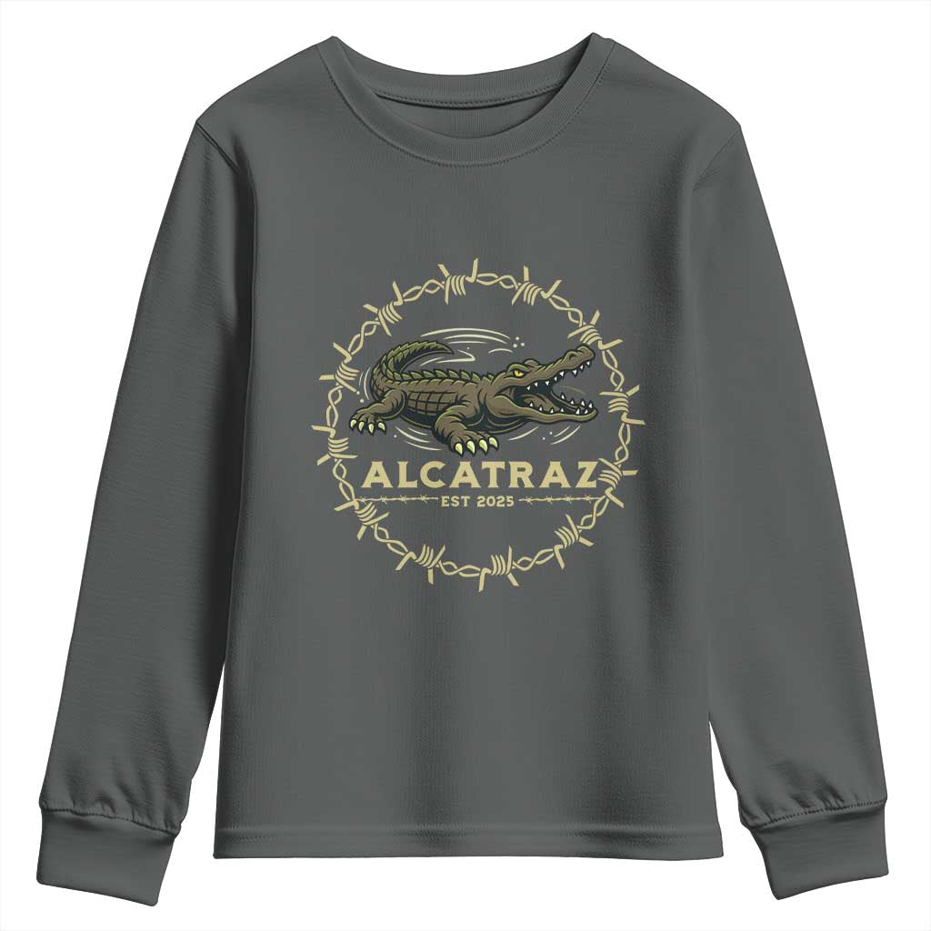 Alligator Alcatraz 2025 Youth Sweatshirt Gator Lockdown Political Satire Barbed Wire Swamp Humor TS02 Dark Heather Print Your Wear