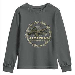 Alligator Alcatraz 2025 Youth Sweatshirt Gator Lockdown Political Satire Barbed Wire Swamp Humor TS02 Dark Heather Print Your Wear