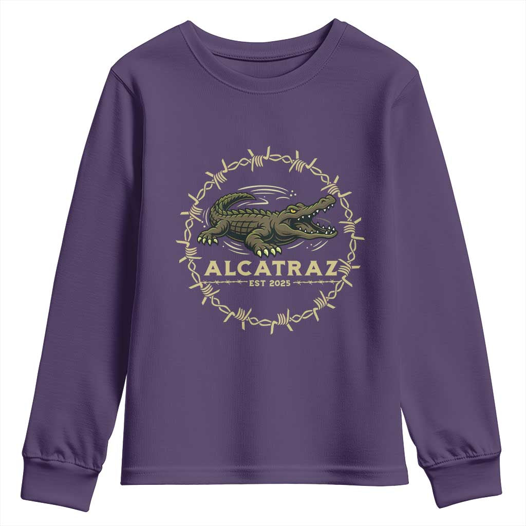 Alligator Alcatraz 2025 Youth Sweatshirt Gator Lockdown Political Satire Barbed Wire Swamp Humor TS02 Purple Print Your Wear