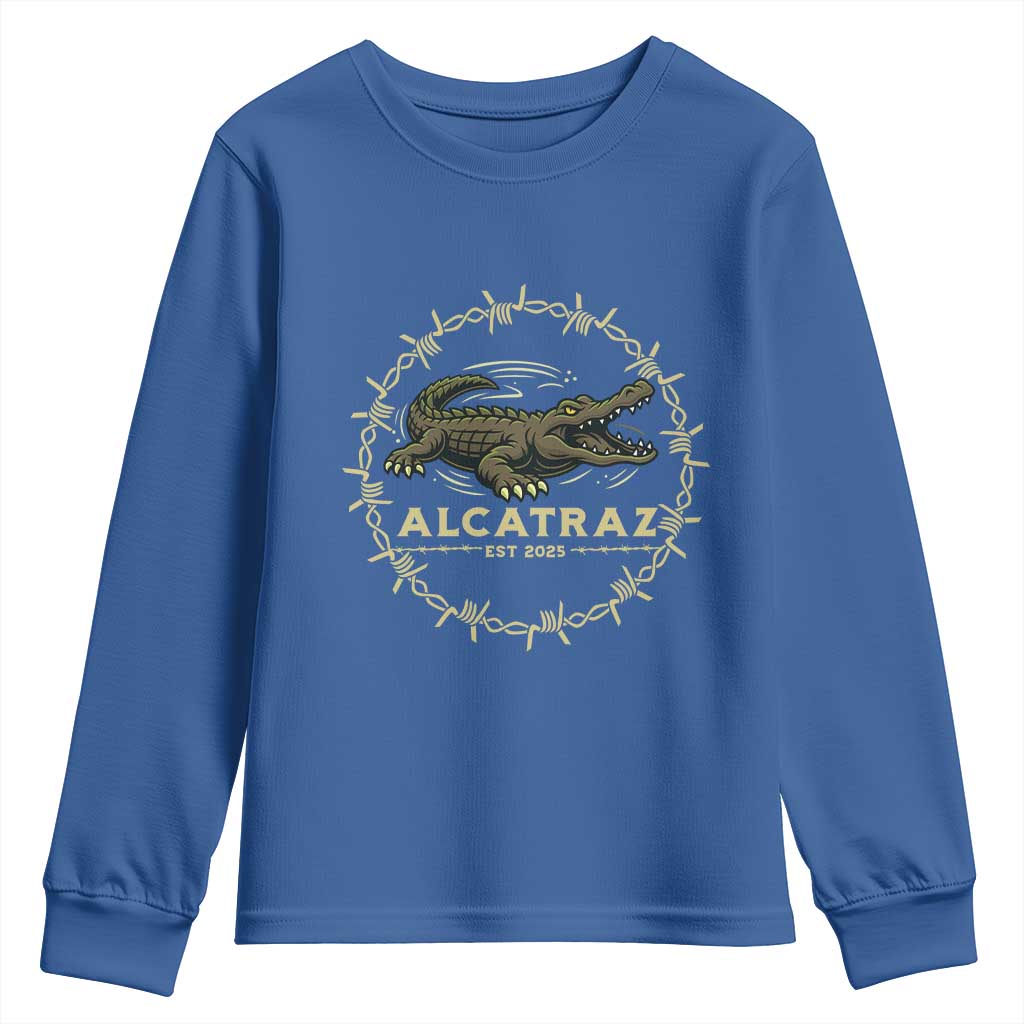 Alligator Alcatraz 2025 Youth Sweatshirt Gator Lockdown Political Satire Barbed Wire Swamp Humor TS02 Royal Blue Print Your Wear