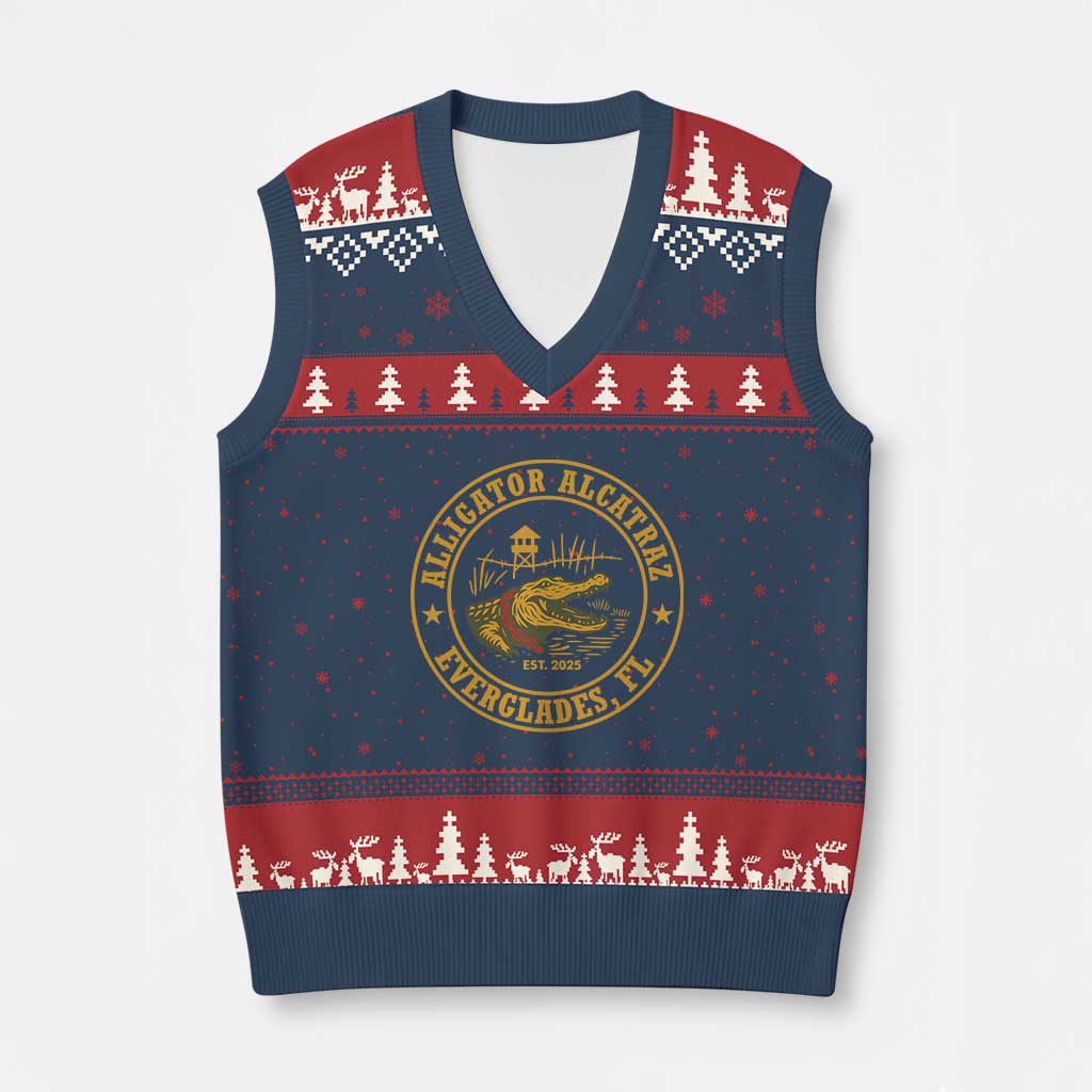 Alligator Alcatraz Everglades FL V-Neck Knit Sweater Vest Vintage Political Satire Swamp Prison Humor TS02 Navy Red Print Your Wear