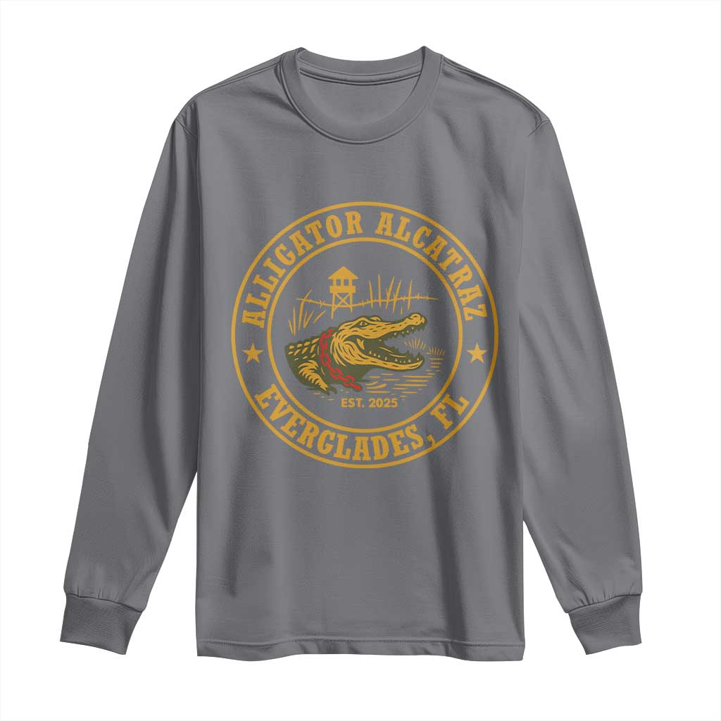 Alligator Alcatraz Everglades FL Long Sleeve Shirt Vintage Political Satire Swamp Prison Humor TS02 Charcoal Print Your Wear