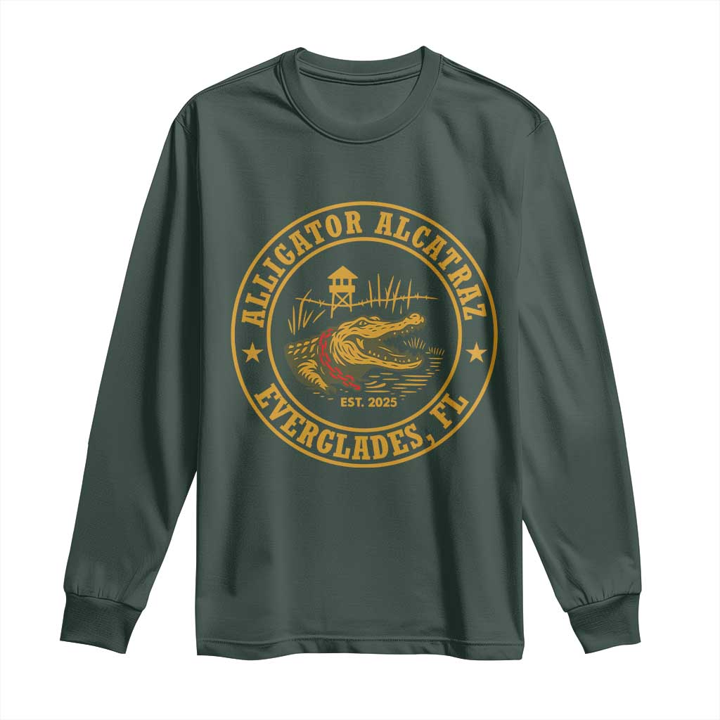 Alligator Alcatraz Everglades FL Long Sleeve Shirt Vintage Political Satire Swamp Prison Humor TS02 Dark Forest Green Print Your Wear