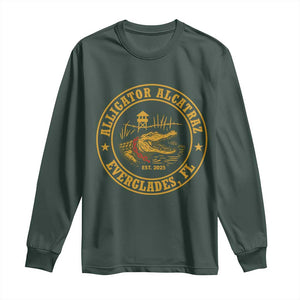 Alligator Alcatraz Everglades FL Long Sleeve Shirt Vintage Political Satire Swamp Prison Humor TS02 Dark Forest Green Print Your Wear