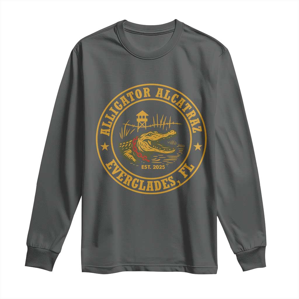 Alligator Alcatraz Everglades FL Long Sleeve Shirt Vintage Political Satire Swamp Prison Humor TS02 Dark Heather Print Your Wear