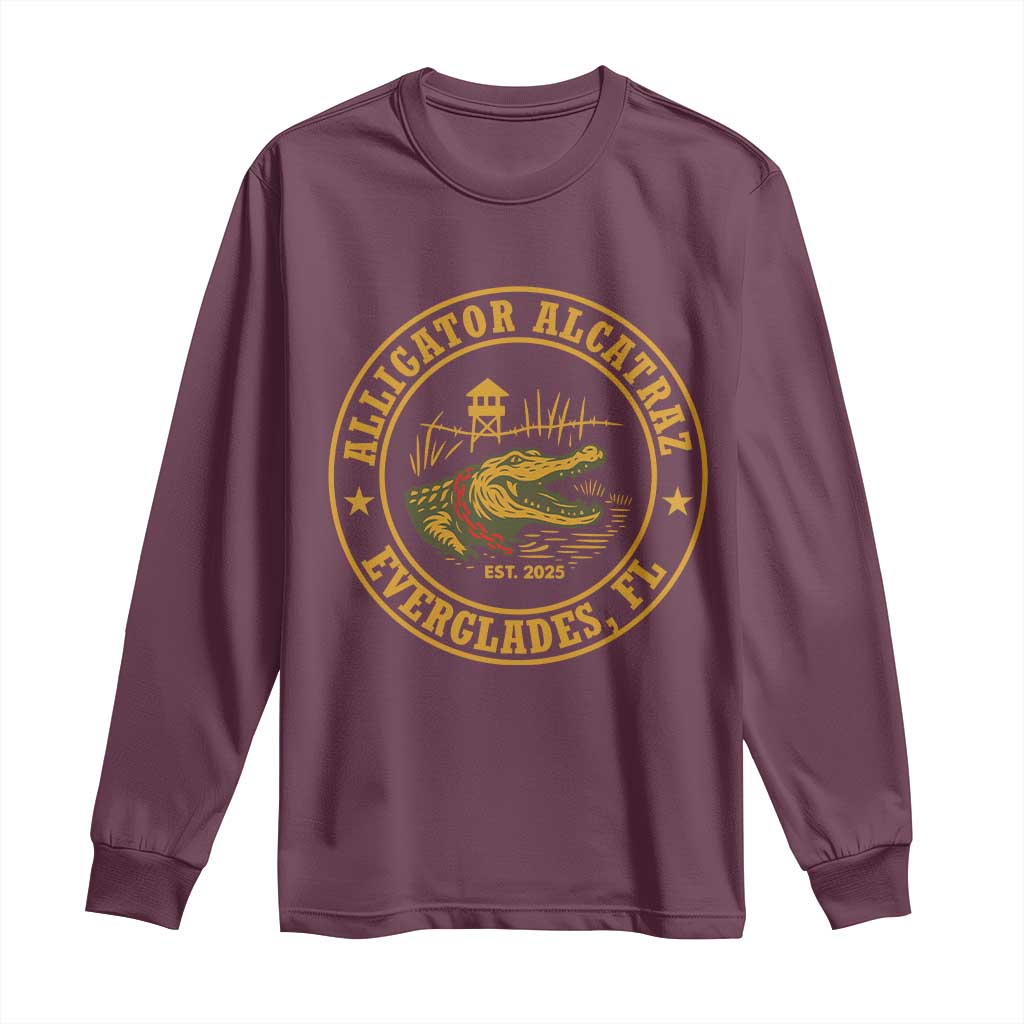 Alligator Alcatraz Everglades FL Long Sleeve Shirt Vintage Political Satire Swamp Prison Humor TS02 Maroon Print Your Wear