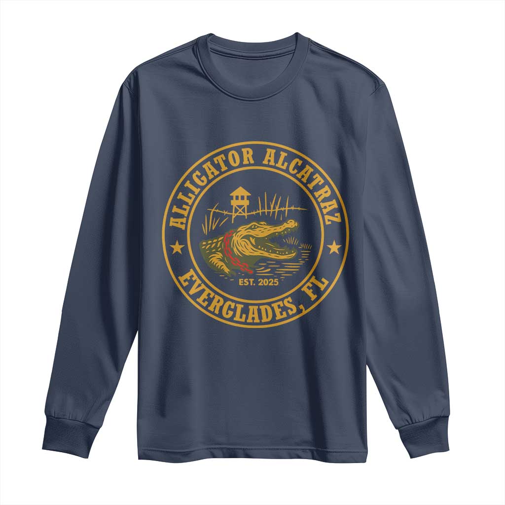 Alligator Alcatraz Everglades FL Long Sleeve Shirt Vintage Political Satire Swamp Prison Humor TS02 Navy Print Your Wear