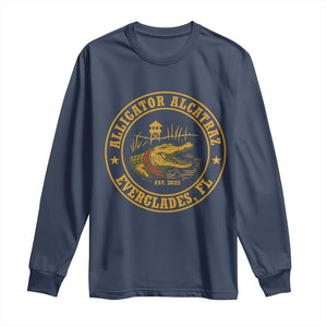 Alligator Alcatraz Everglades FL Long Sleeve Shirt Vintage Political Satire Swamp Prison Humor TS02 Navy Print Your Wear