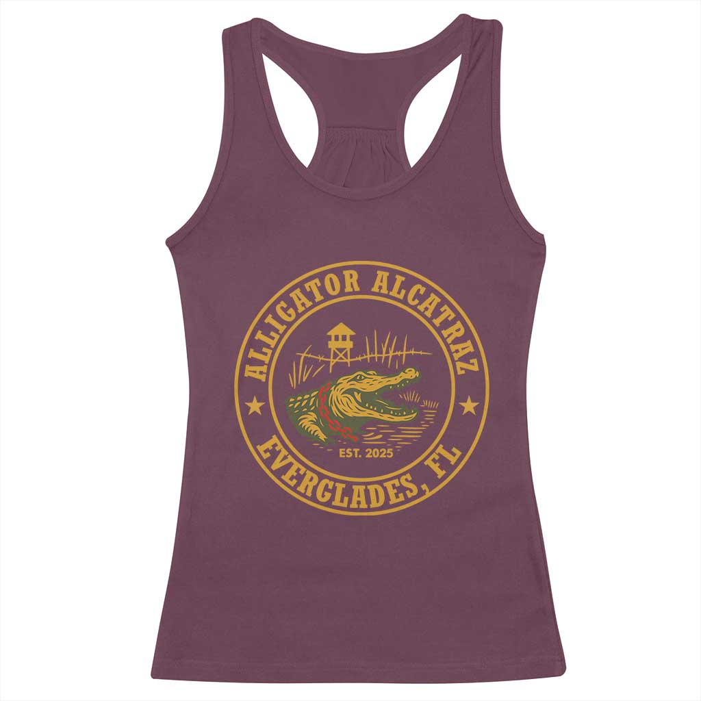 Alligator Alcatraz Everglades FL Racerback Tank Top Vintage Political Satire Swamp Prison Humor TS02 Maroon Print Your Wear