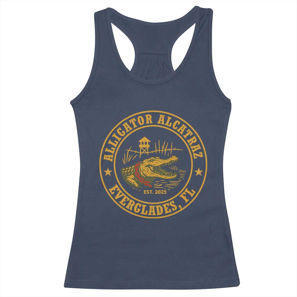 Alligator Alcatraz Everglades FL Racerback Tank Top Vintage Political Satire Swamp Prison Humor TS02 Navy Print Your Wear