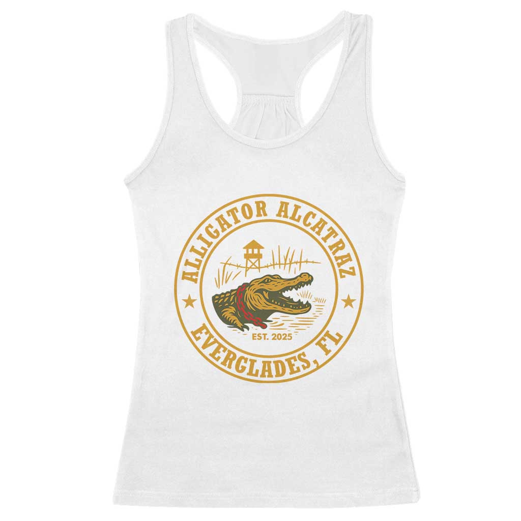 Alligator Alcatraz Everglades FL Racerback Tank Top Vintage Political Satire Swamp Prison Humor TS02 White Print Your Wear