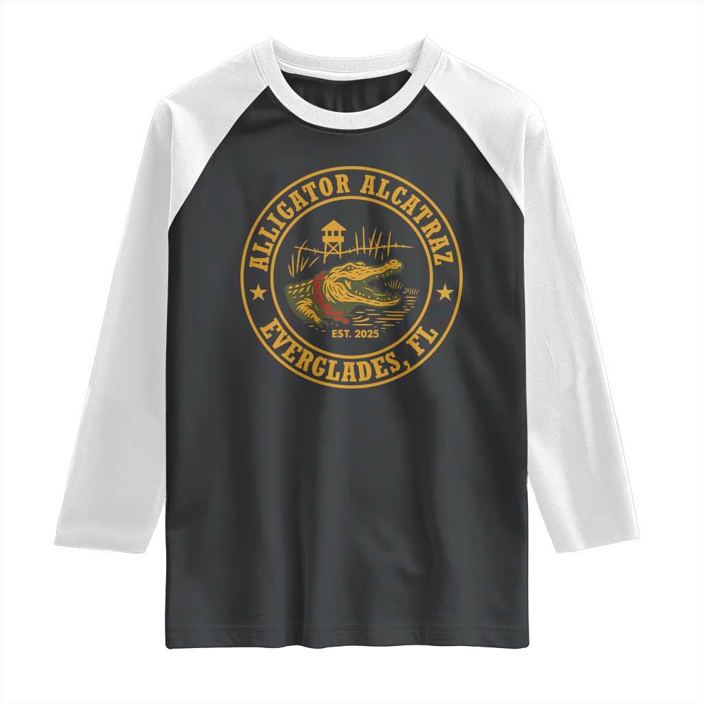 Alligator Alcatraz Everglades FL Raglan Shirt Vintage Political Satire Swamp Prison Humor TS02 Black White Print Your Wear