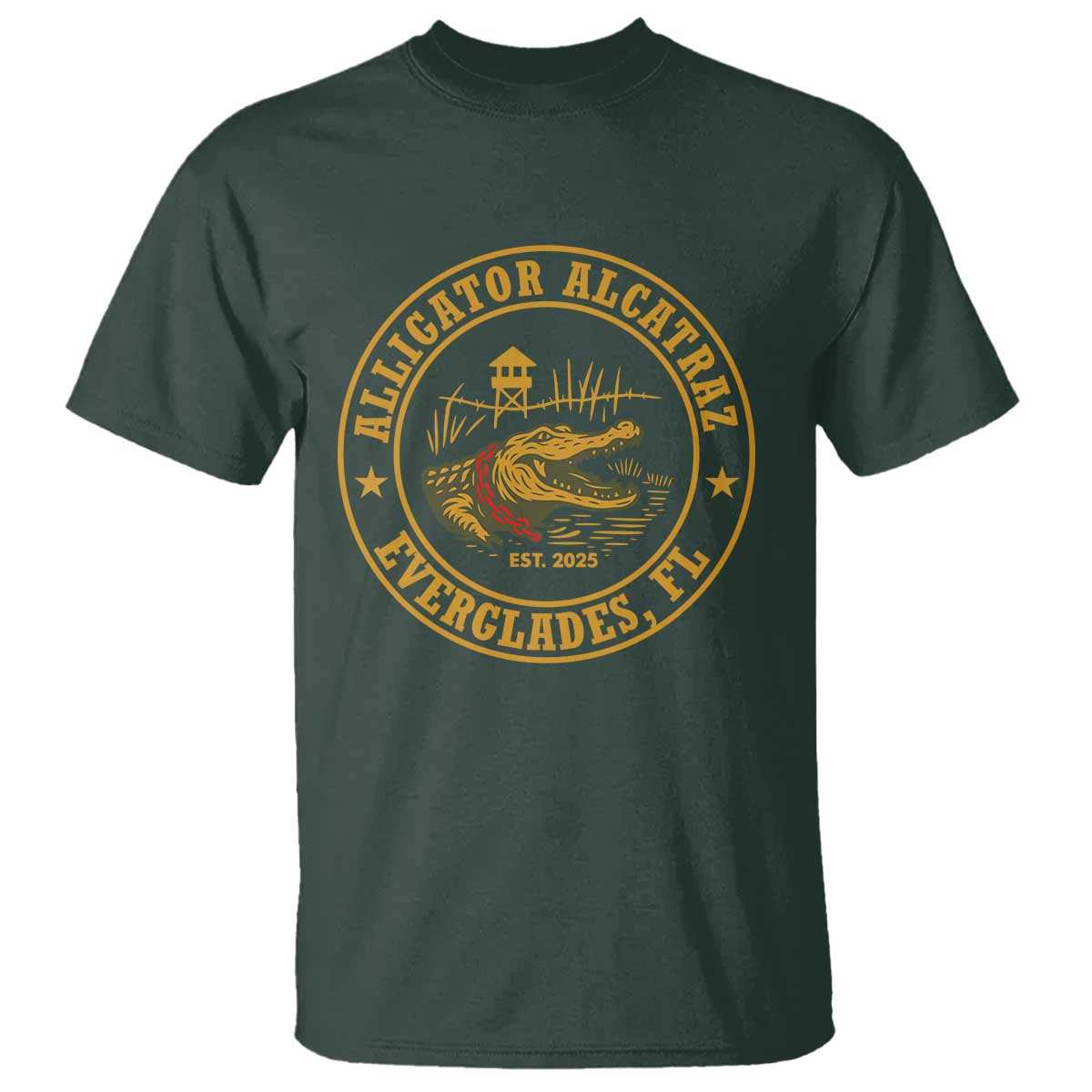 Alligator Alcatraz Everglades FL T Shirt Vintage Political Satire Swamp Prison Humor TS02 Dark Forest Green Print Your Wear