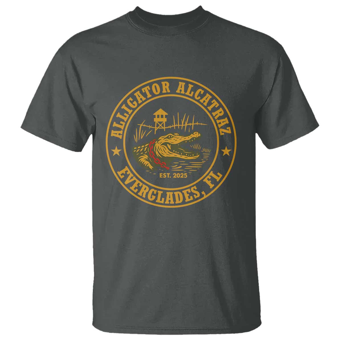 Alligator Alcatraz Everglades FL T Shirt Vintage Political Satire Swamp Prison Humor TS02 Dark Heather Print Your Wear