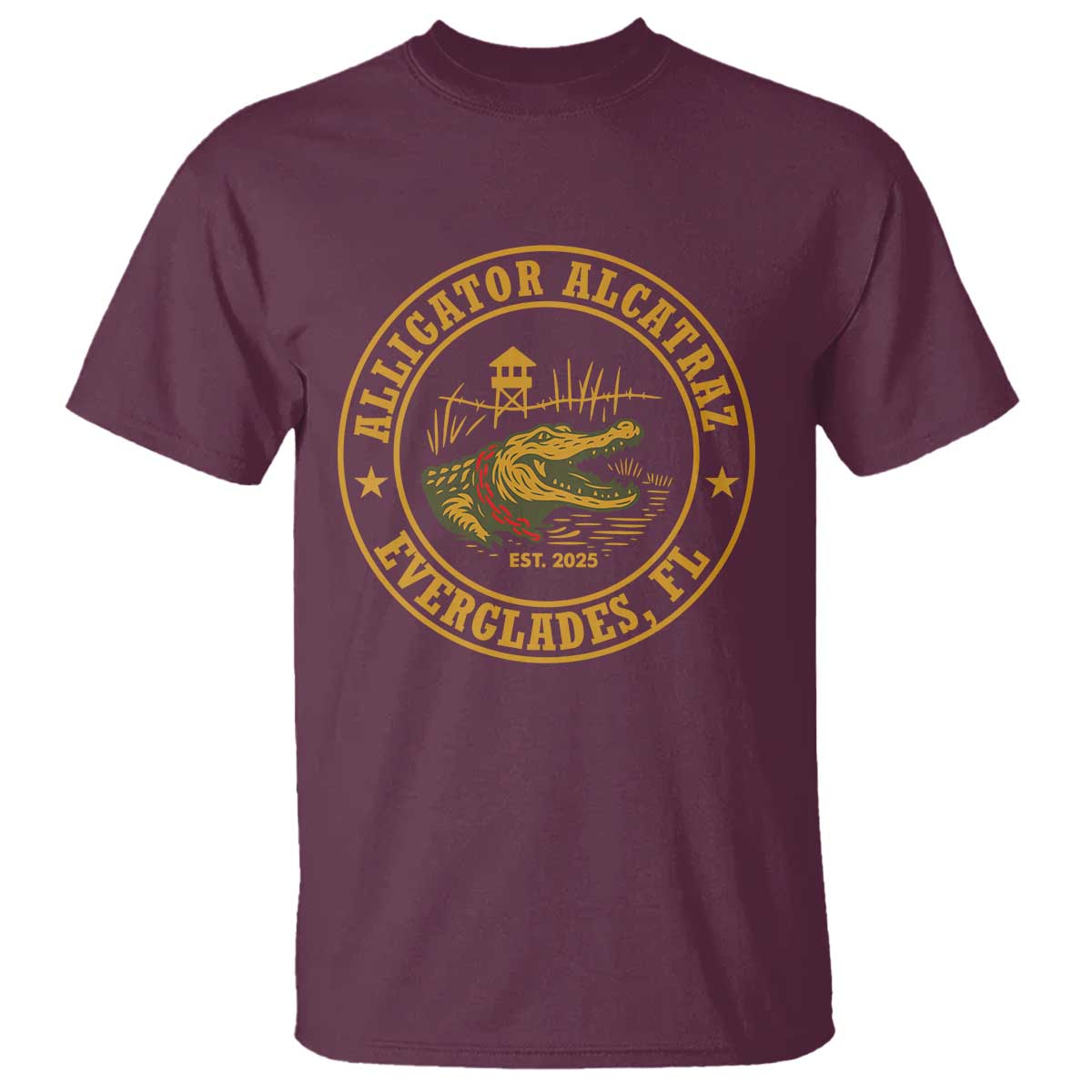 Alligator Alcatraz Everglades FL T Shirt Vintage Political Satire Swamp Prison Humor TS02 Maroon Print Your Wear