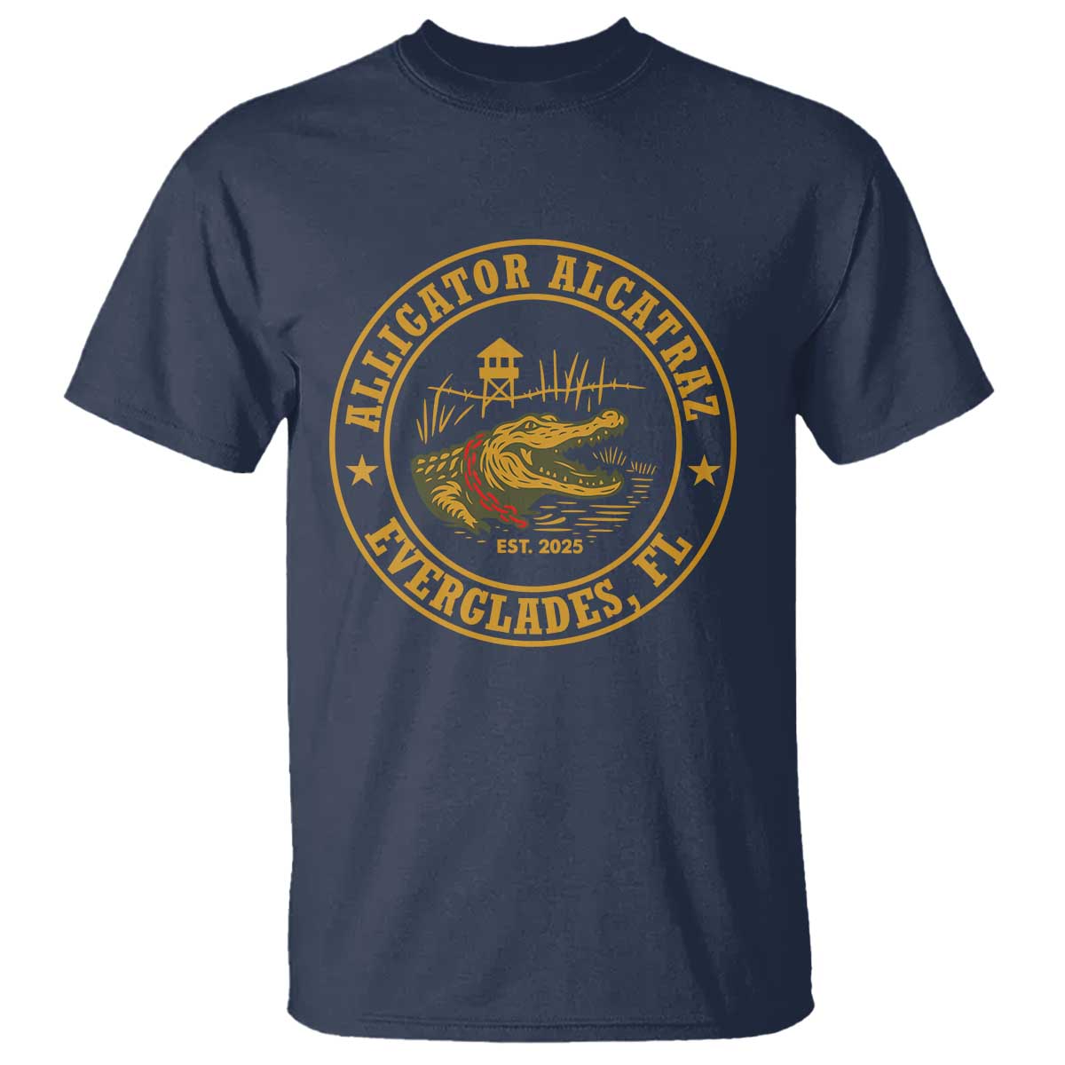 Alligator Alcatraz Everglades FL T Shirt Vintage Political Satire Swamp Prison Humor TS02 Navy Print Your Wear