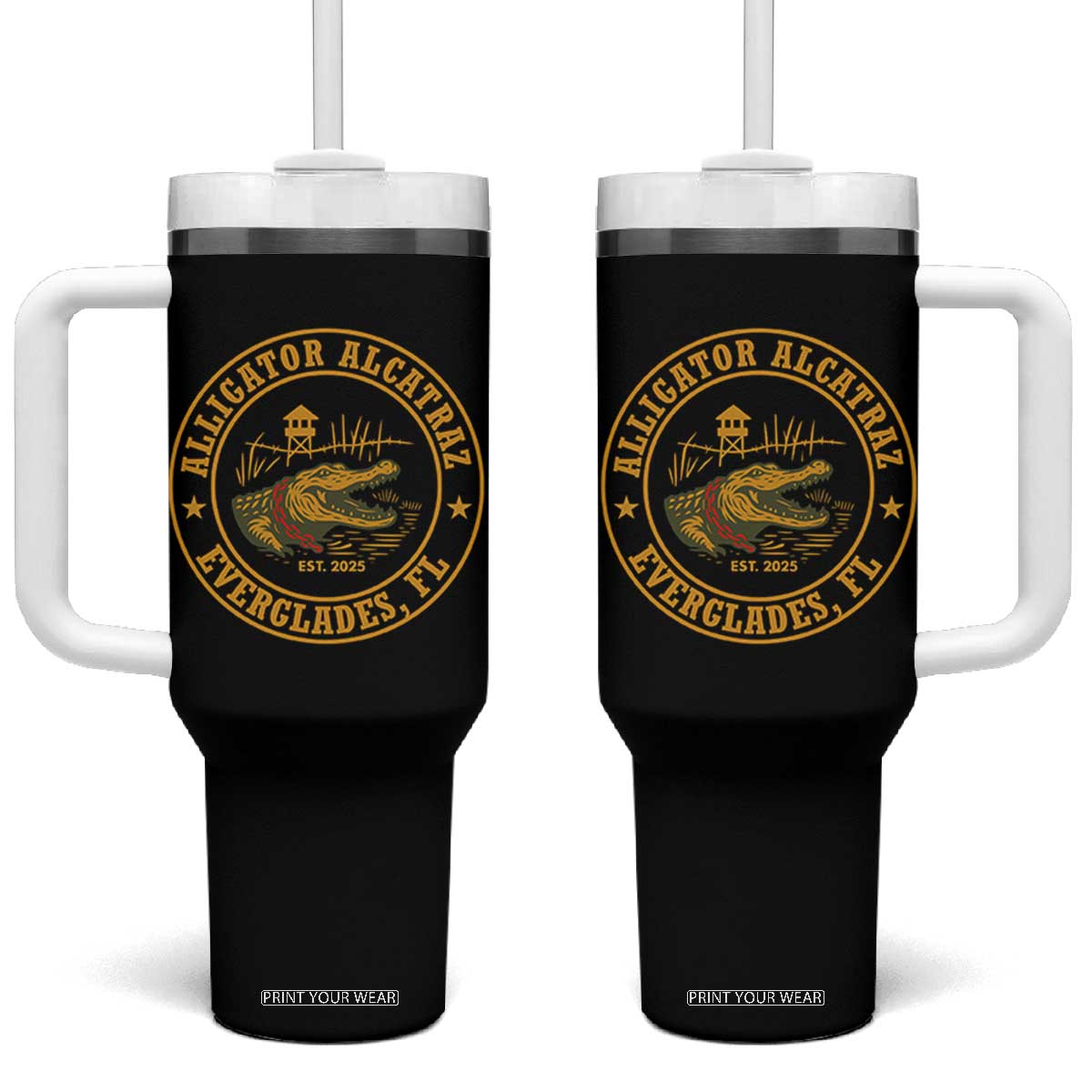 Alligator Alcatraz Everglades FL Tumbler With Handle Vintage Political Satire Swamp Prison Humor TS02 One Size: 40 oz Black Print Your Wear