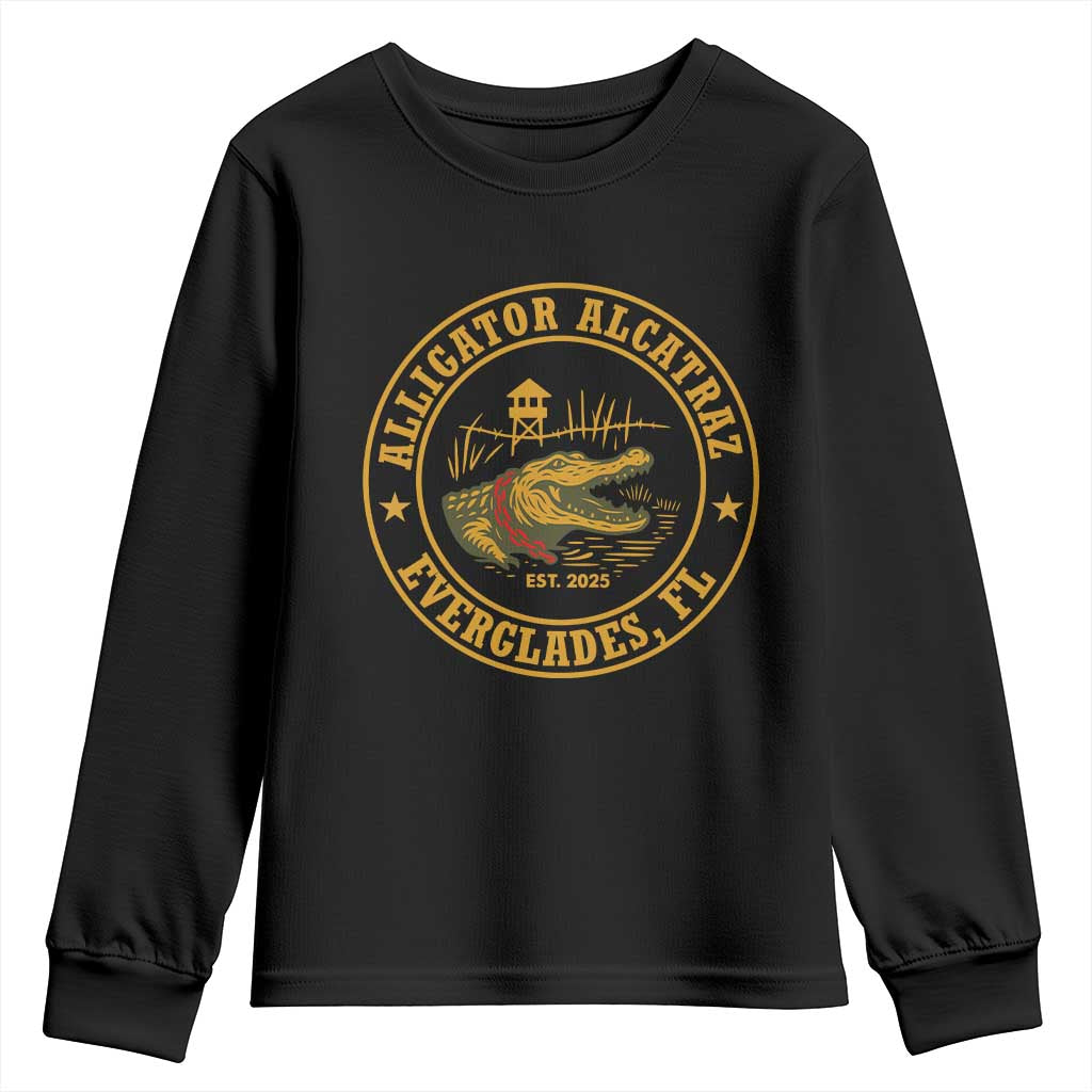 Alligator Alcatraz Everglades FL Youth Sweatshirt Vintage Political Satire Swamp Prison Humor TS02 Black Print Your Wear