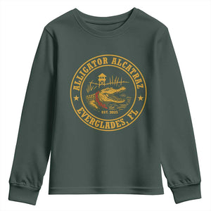 Alligator Alcatraz Everglades FL Youth Sweatshirt Vintage Political Satire Swamp Prison Humor TS02 Dark Forest Green Print Your Wear
