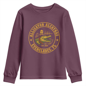 Alligator Alcatraz Everglades FL Youth Sweatshirt Vintage Political Satire Swamp Prison Humor TS02 Maroon Print Your Wear