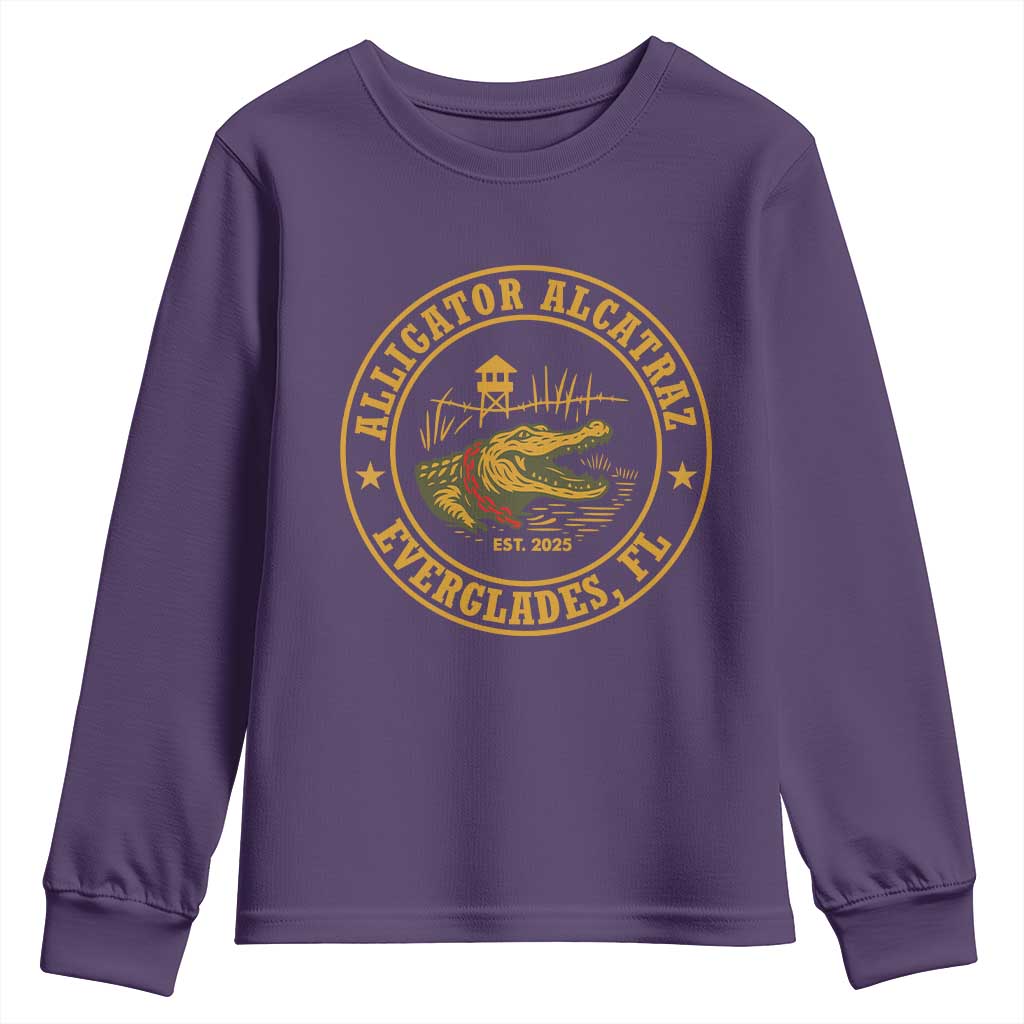 Alligator Alcatraz Everglades FL Youth Sweatshirt Vintage Political Satire Swamp Prison Humor TS02 Purple Print Your Wear