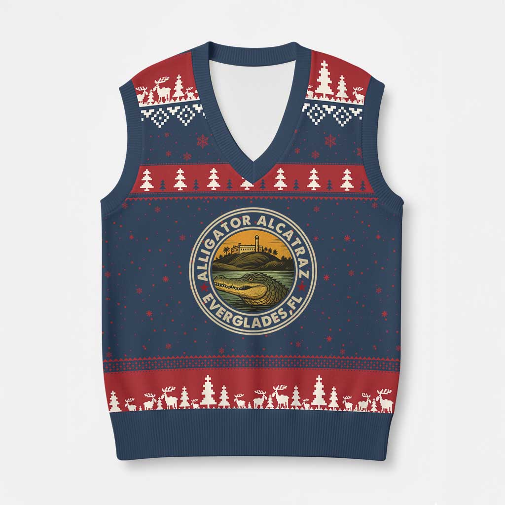 Alligator Alcatraz Everglades Florida V-Neck Knit Sweater Vest Vintage Political Satire Retro TS02 Navy Red Print Your Wear