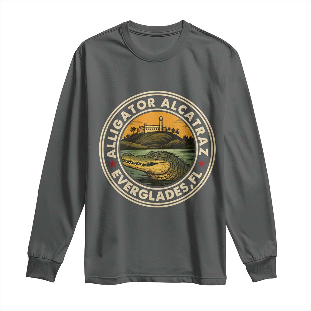 Alligator Alcatraz Everglades Florida Long Sleeve Shirt Vintage Political Satire Retro TS02 Dark Heather Print Your Wear