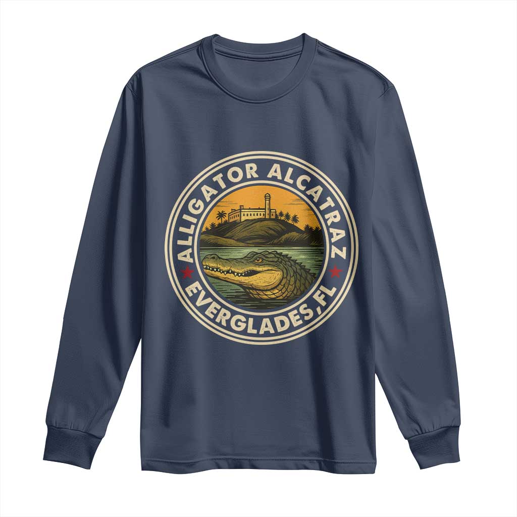 Alligator Alcatraz Everglades Florida Long Sleeve Shirt Vintage Political Satire Retro TS02 Navy Print Your Wear