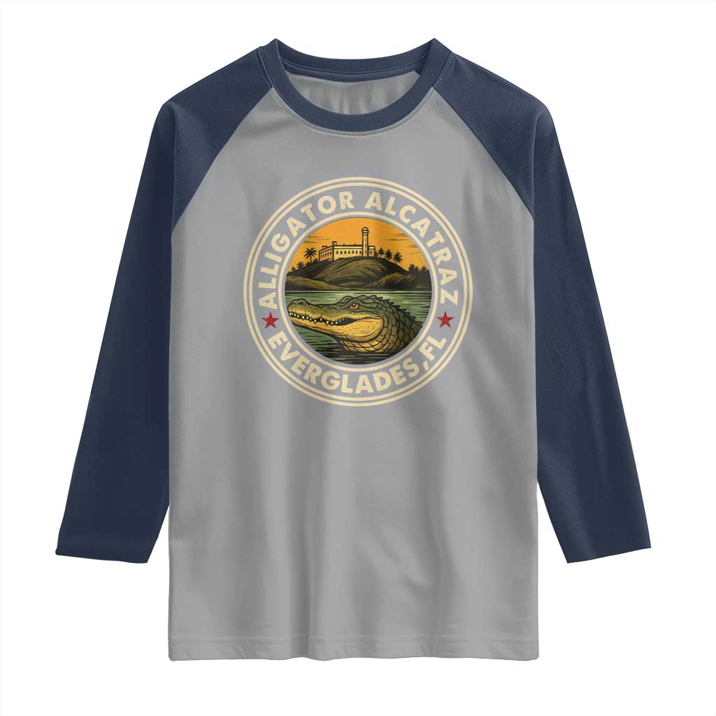 Alligator Alcatraz Everglades Florida Raglan Shirt Vintage Political Satire Retro TS02 Sport Gray Navy Print Your Wear