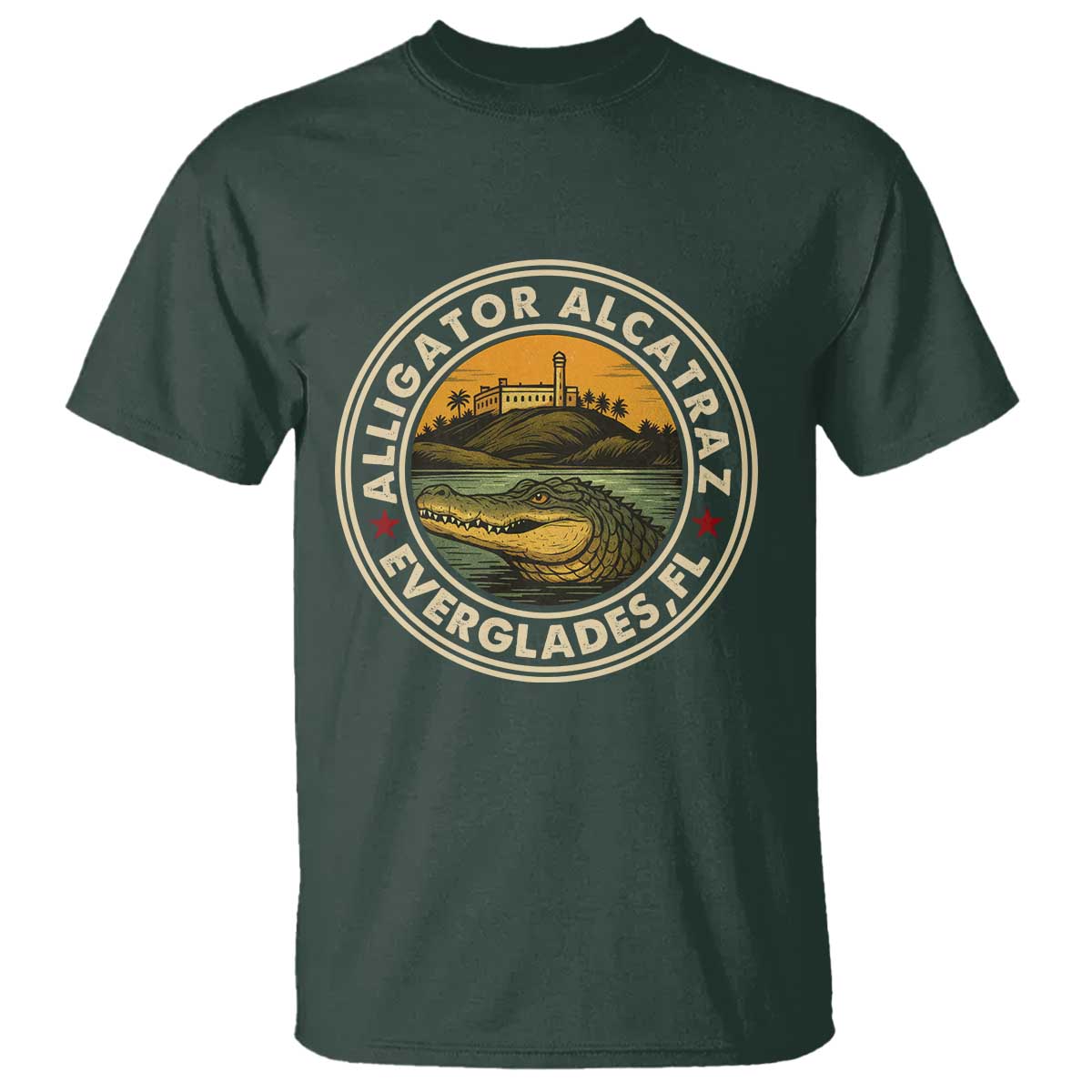 Alligator Alcatraz Everglades Florida T Shirt Vintage Political Satire Retro TS02 Dark Forest Green Print Your Wear