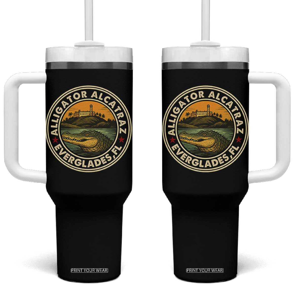 Alligator Alcatraz Everglades Florida Tumbler With Handle Vintage Political Satire Retro TS02 One Size: 40 oz Black Print Your Wear