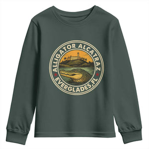 Alligator Alcatraz Everglades Florida Youth Sweatshirt Vintage Political Satire Retro TS02 Dark Forest Green Print Your Wear