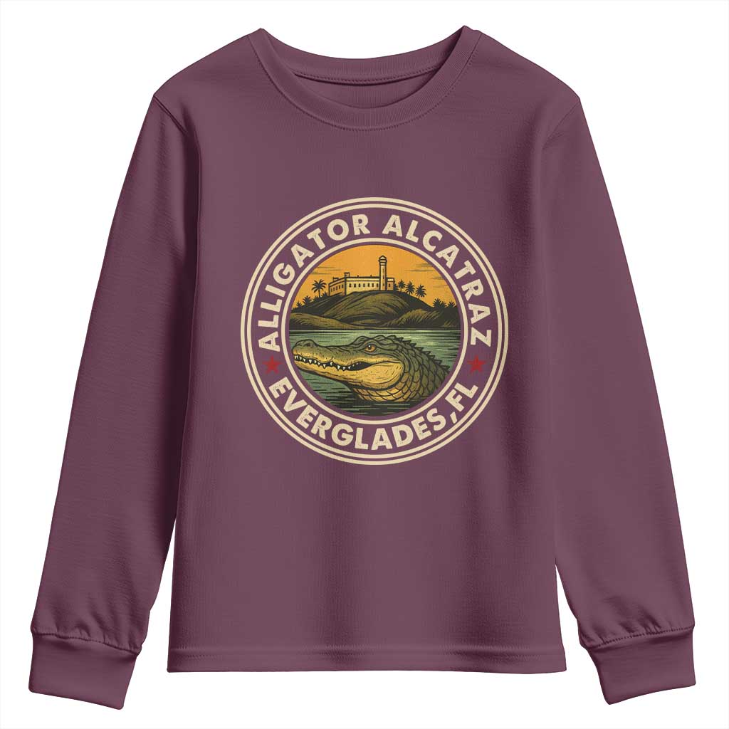 Alligator Alcatraz Everglades Florida Youth Sweatshirt Vintage Political Satire Retro TS02 Maroon Print Your Wear