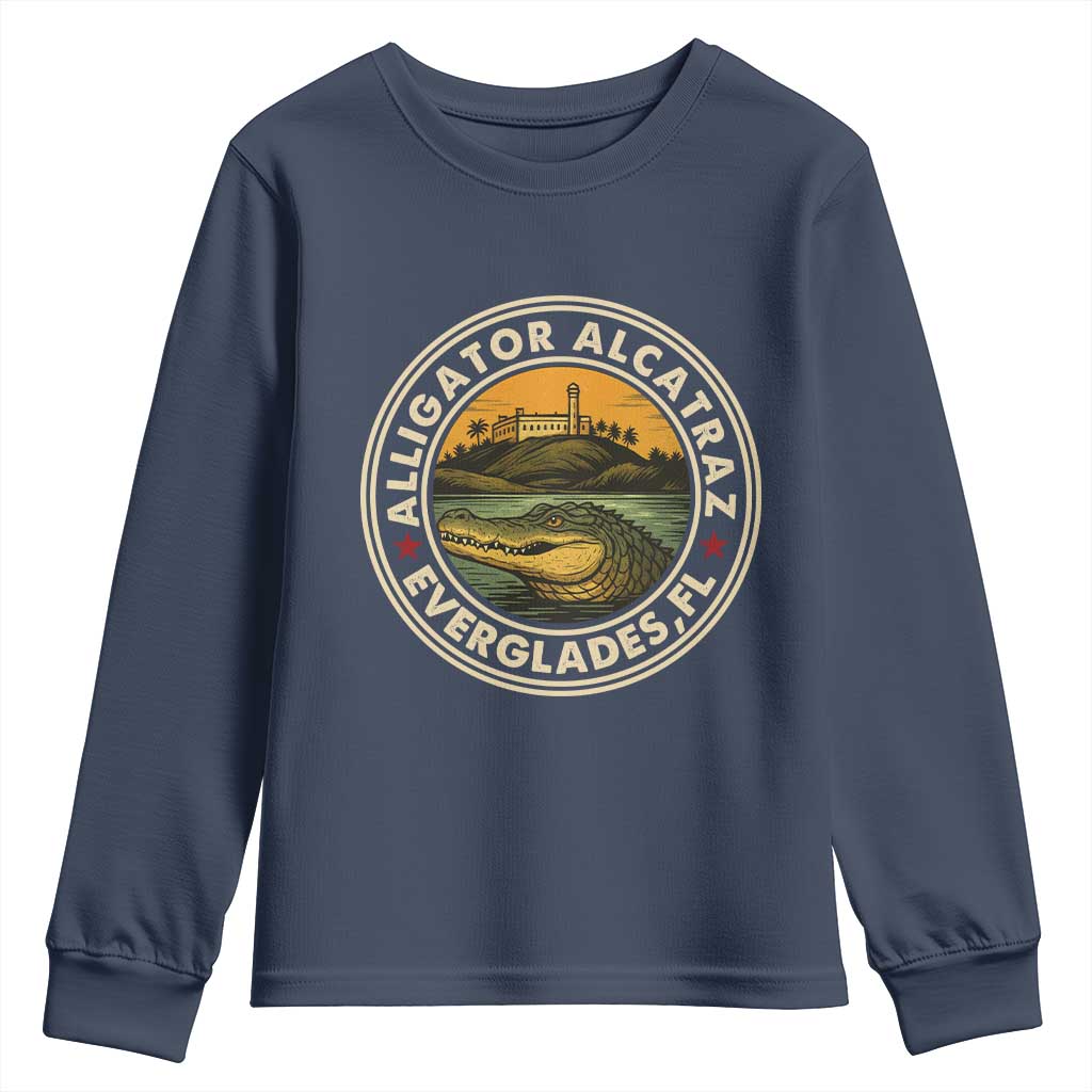 Alligator Alcatraz Everglades Florida Youth Sweatshirt Vintage Political Satire Retro TS02 Navy Print Your Wear