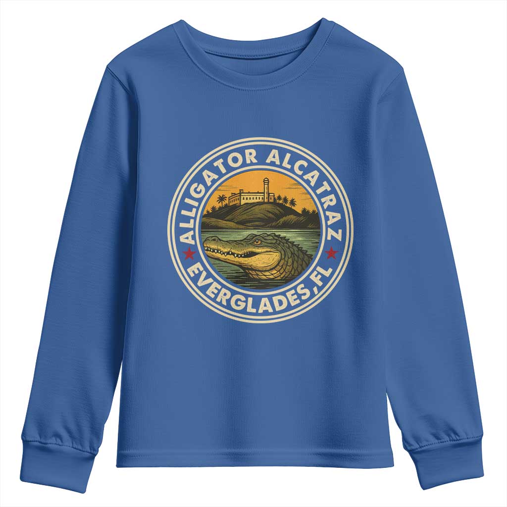 Alligator Alcatraz Everglades Florida Youth Sweatshirt Vintage Political Satire Retro TS02 Royal Blue Print Your Wear