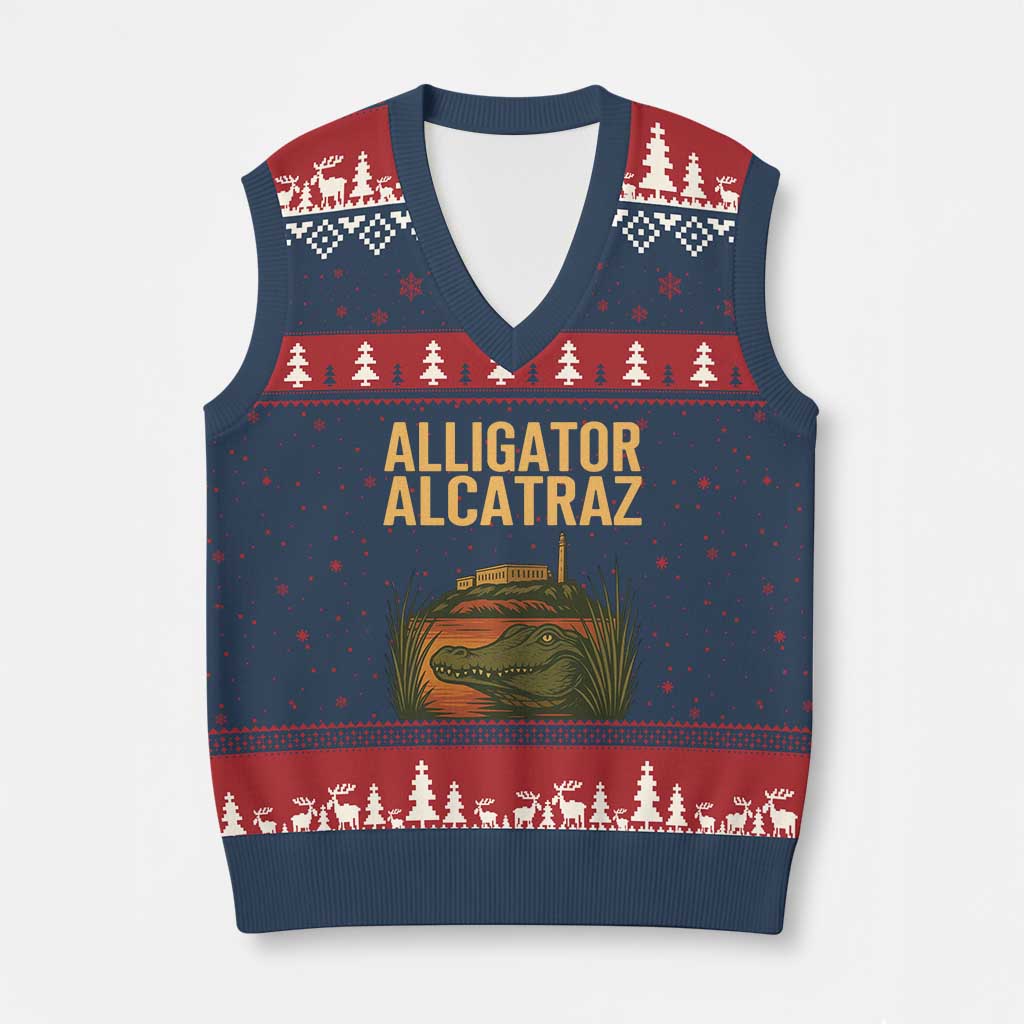 Alligator Alcatraz Florida V-Neck Knit Sweater Vest Political Swamp Prison Dark Humor TS02 Navy Red Print Your Wear